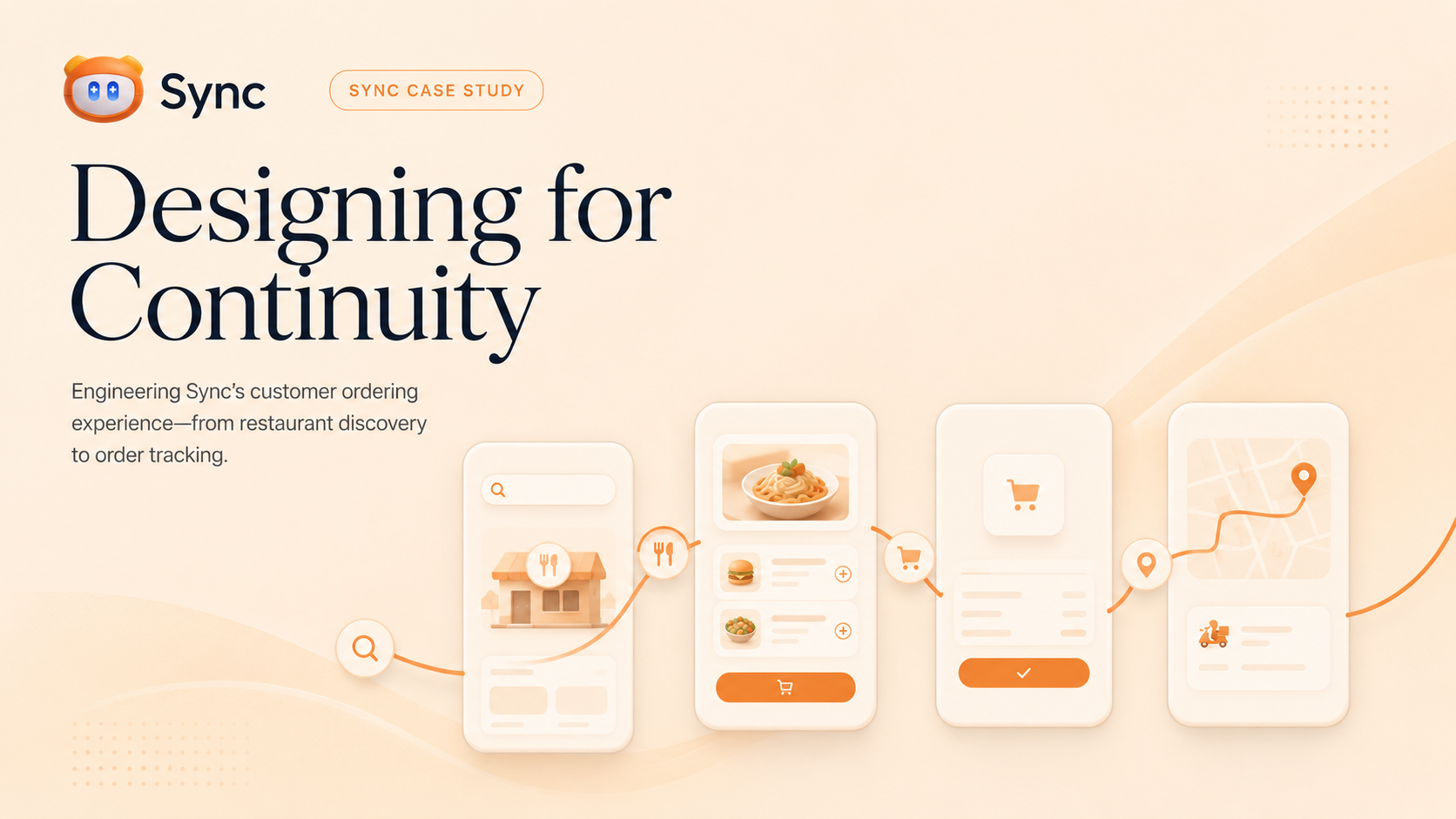 Designing for Continuity cover artwork showing Sync’s customer journey from restaurant discovery through order tracking