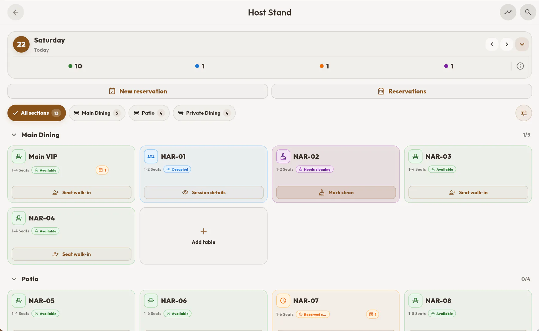 Sync Host Stand showing tables, seating states, and restaurant floor operations