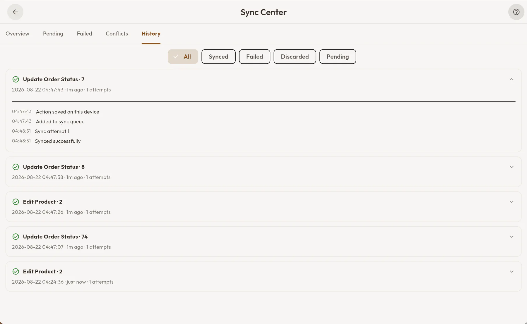 Sync Center history showing the lifecycle and result of synchronized operations