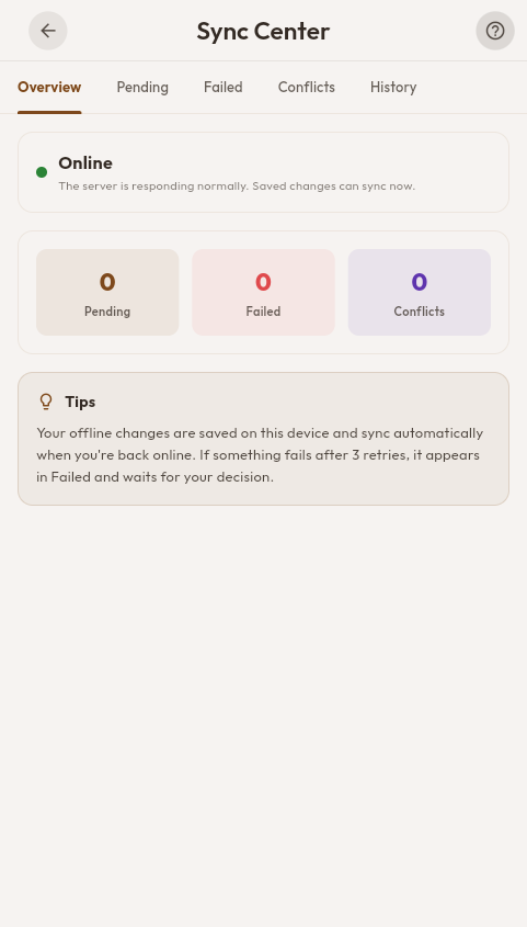 Sync Center showing online status and queued-work health